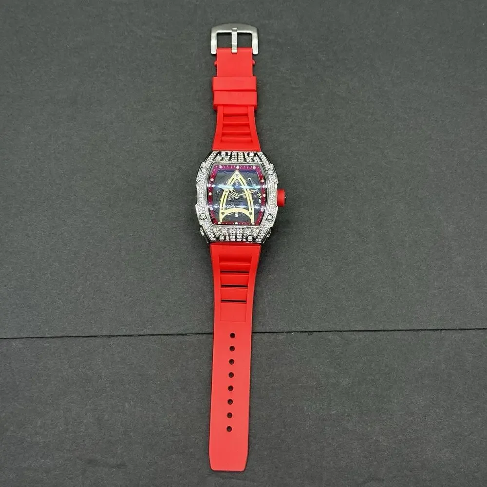 Men's Avant-Garde Tonneau Sport Watch Fully Iced Out Bezel & Vibrant Red Band